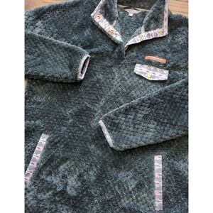 Simply Southern 1/4 Snap Gray Fleece Pink Aztec Print Cabincore Fuzzy Metal Sz L